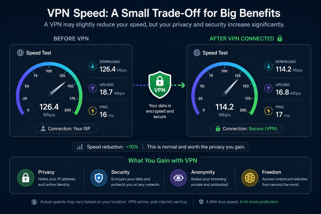 The important thing isn't achieving identical speeds to your normal connection. It's maintaining fast, stable performance for whatever you're doing online.